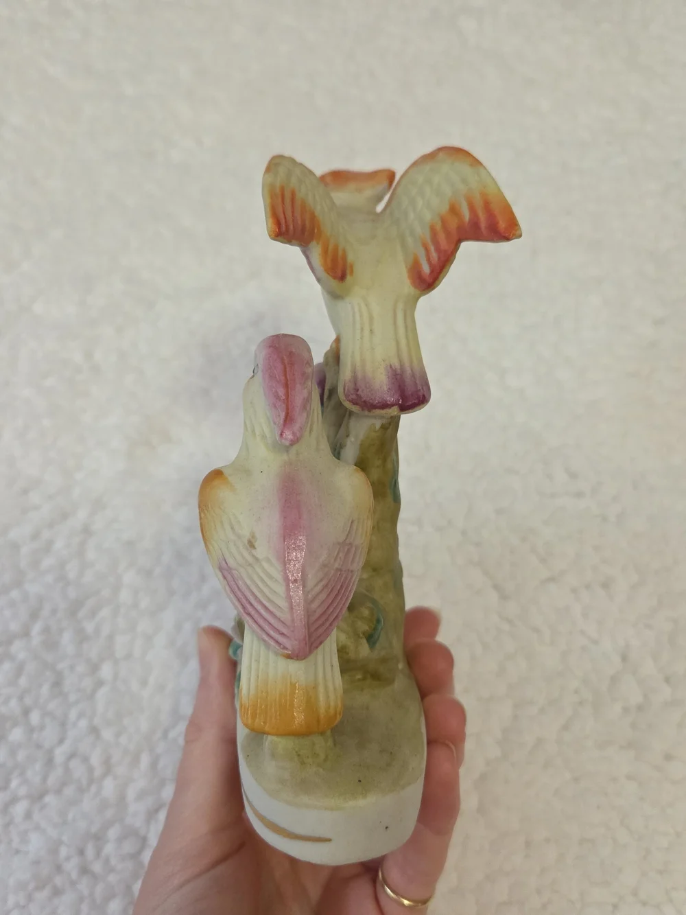 Ceramic Bird Figurine 3 Birds On A Tree Stump Japan Vintage Decor